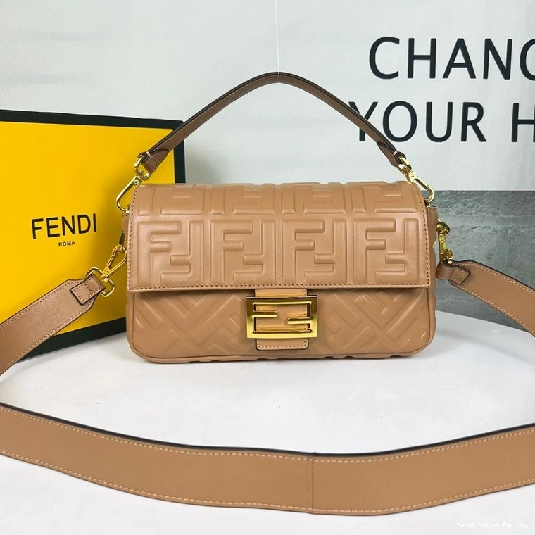HOT Baguette Leather Bag Nappa Brown In Medium Motif FF Fendi 0719